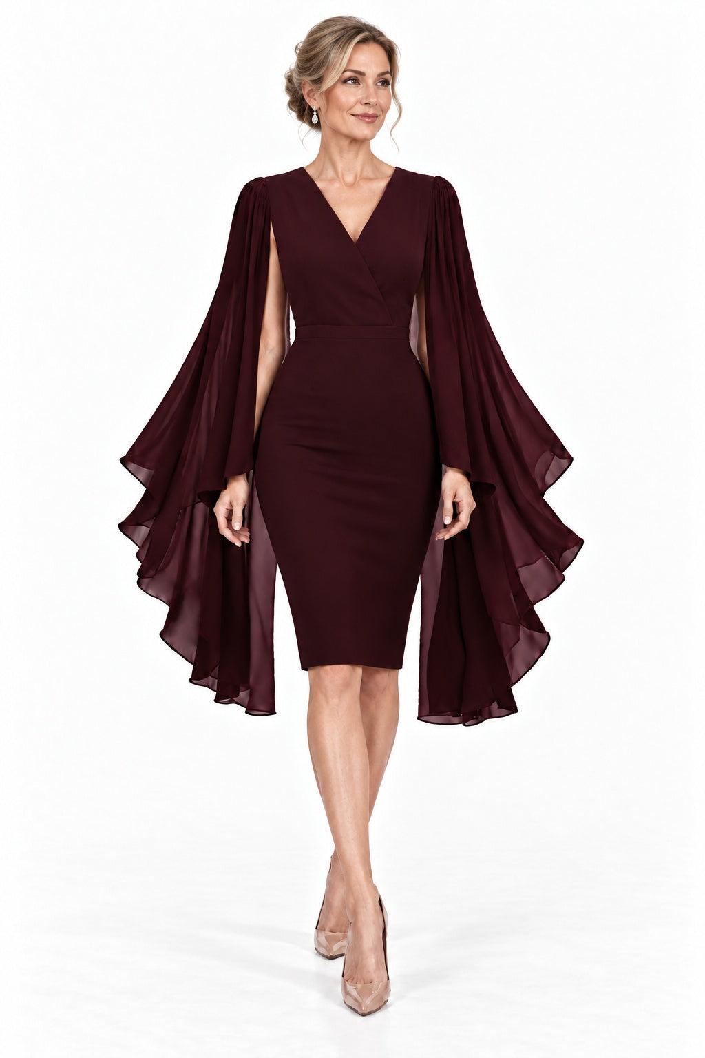 Sheath-Column Knee Length Elastic Cloth Mother of the Bride Dress CM0524 - Wine - COCOMELODY